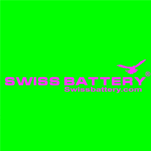 Green Image showing Swiss Batteries in Pink letters. The size is of the image is1600 x 1600